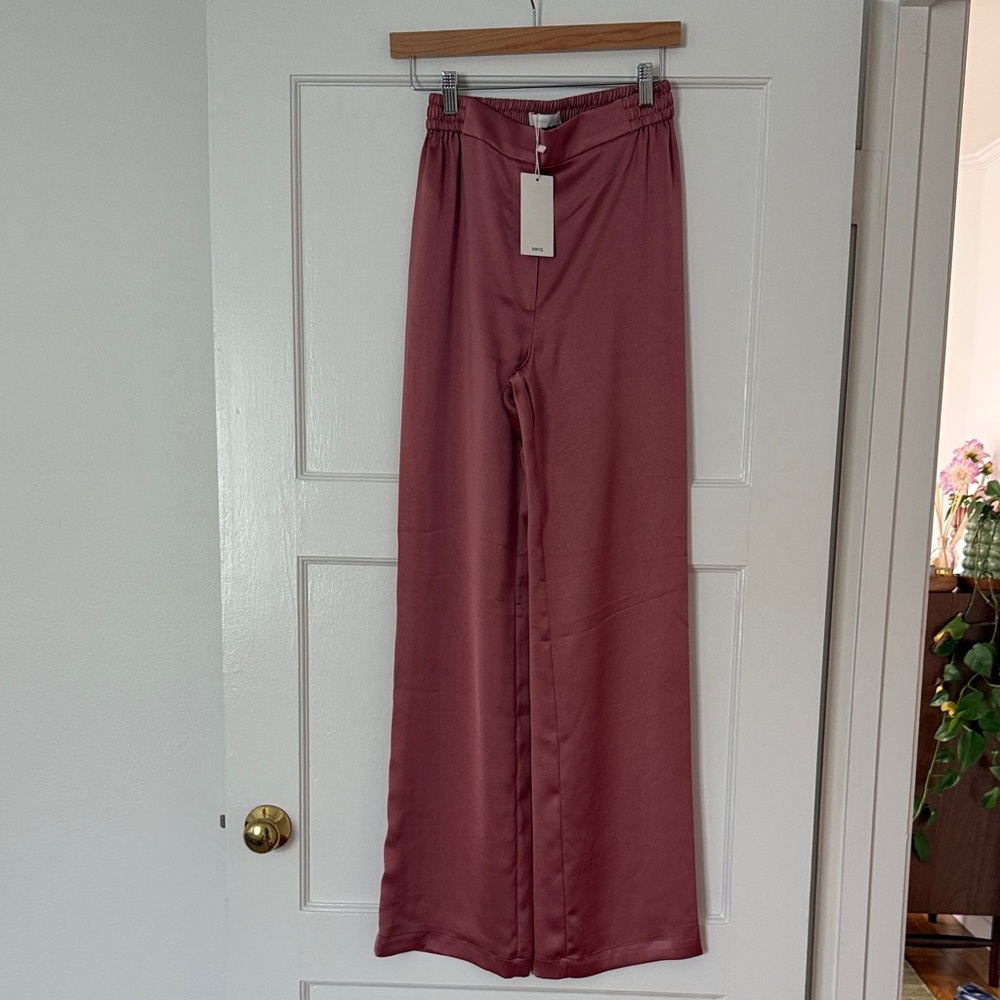 Mango Satin Wide-Leg Pants in Dusty Rose